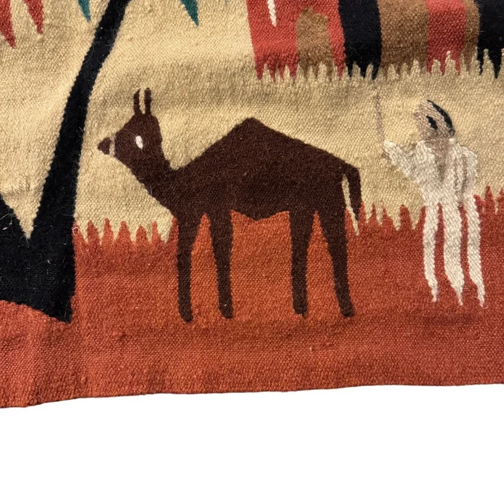 Vintage Egyptian Wool Tapestry Camel Caravan Oasis Handwoven Wall Hanging 42x24